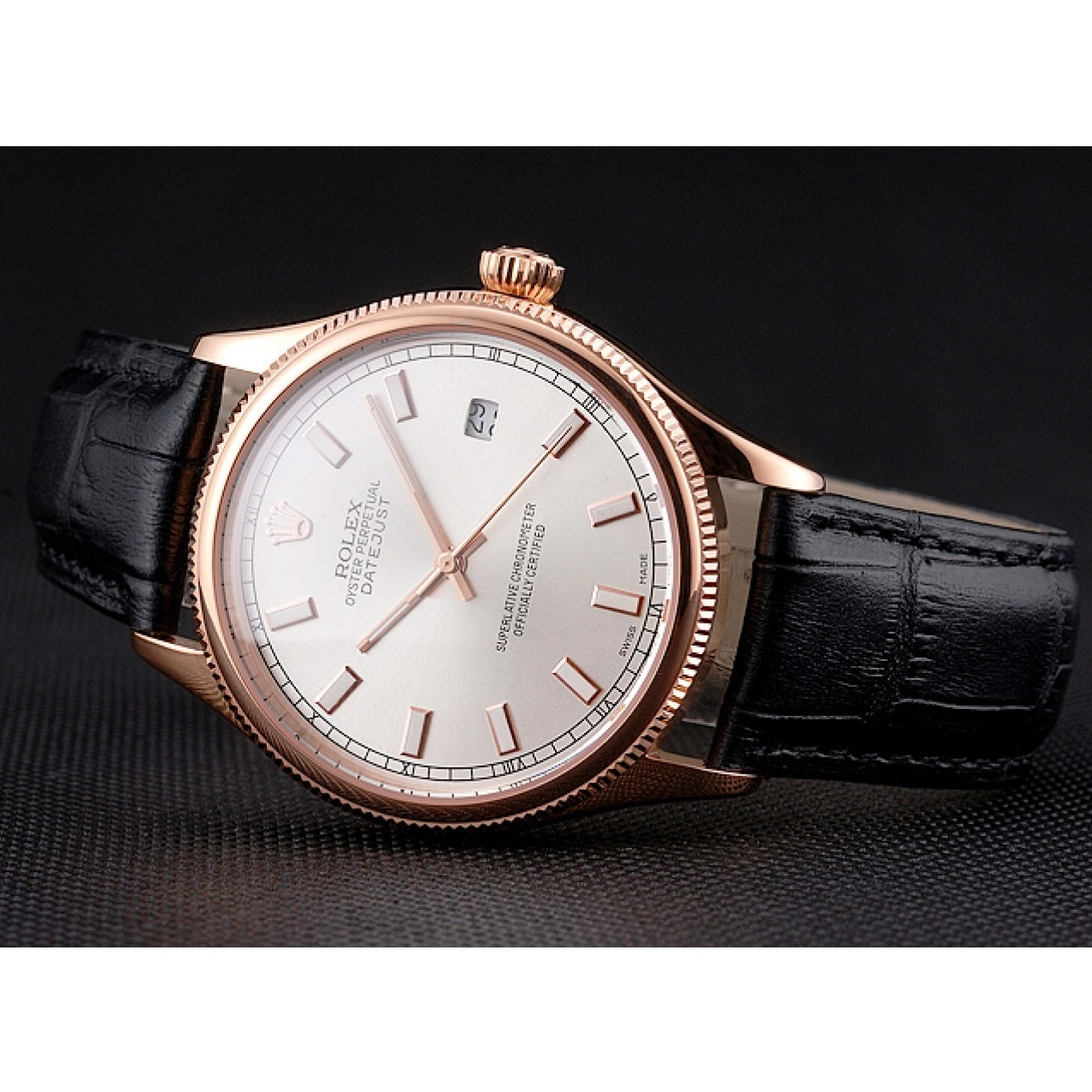 Aaa fake watches Strap Leather Datejust White Case Black Gold Rose Swiss Dial Rolex 0705